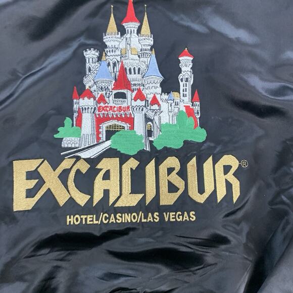 Vintage 1990s Excalibur Las Vegas Black Satin Adult Size XL Casino Bomber Jacket - Picture 7 of 10